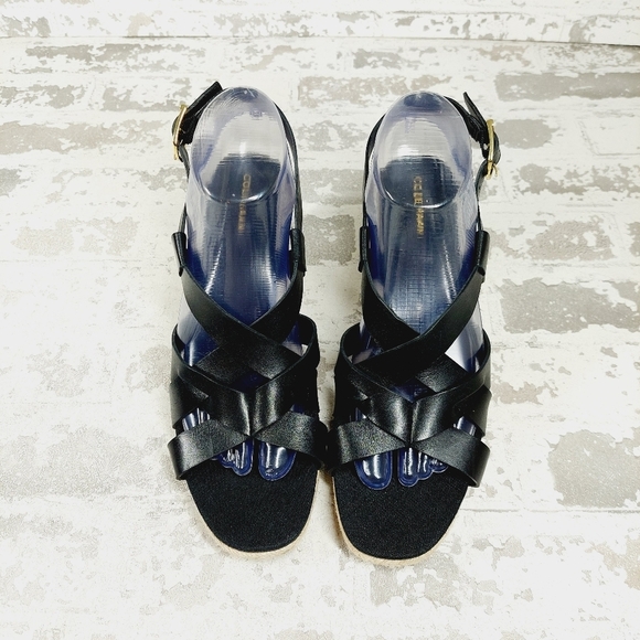 NEW Cole Haan Crystal Black Leather Buckle Sling Back Summer Wedge Sandals H328 - Picture 4 of 14
